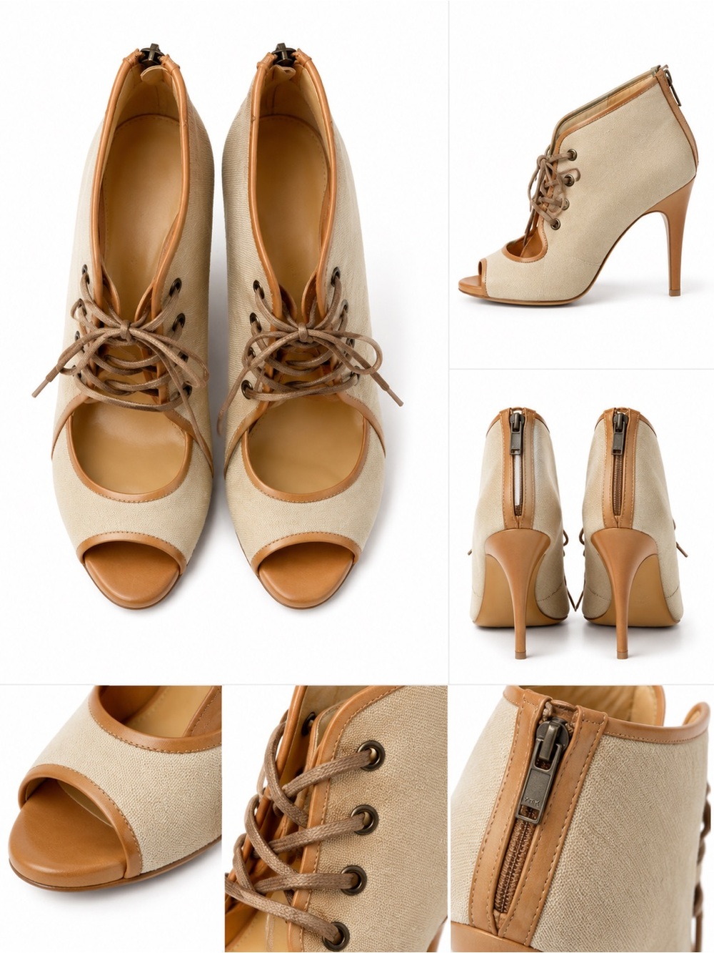 J. Crew Beige and Tan Lace-Up Peep-Toe Heels